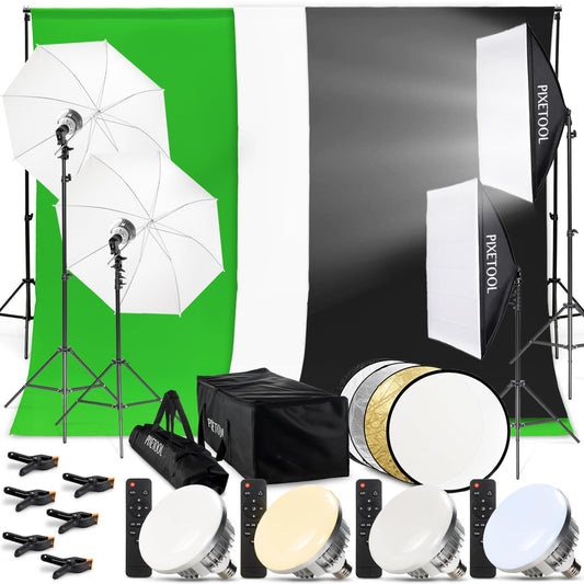 PIXETOOL Fotostudio Set - Greenscreen (3 x 3 m) mit Ständer (0,9 x 2,6 m) - Softbox mit Lampen Set - Green Screen Fotohintergrund - Reflektor - Studiolicht Fotolampe - Streaming Fotografie Zubehör