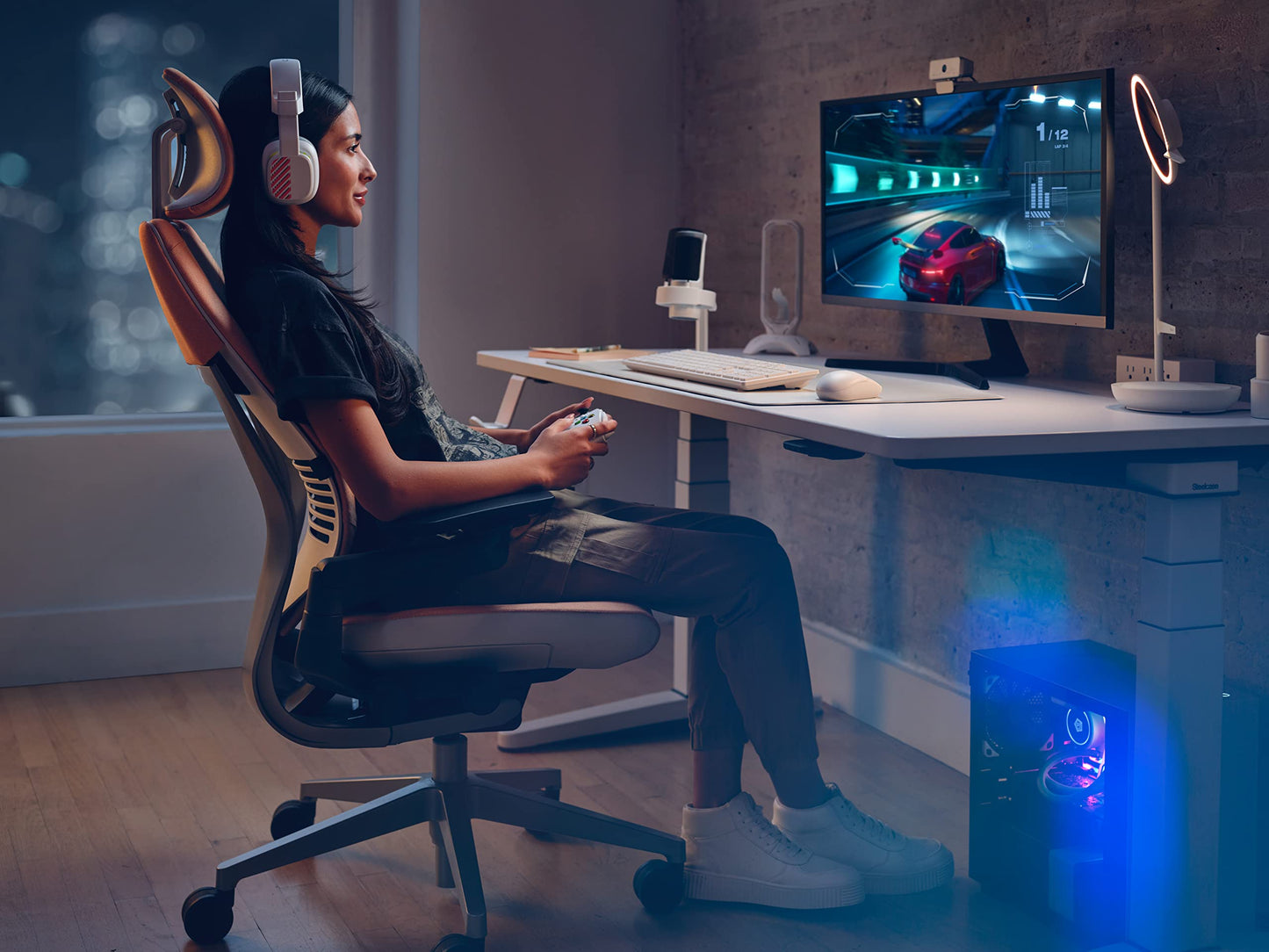 Steelcase Gesture Ergonomischer Bürostuhl mit 360° Armlehnen, 3D-Live Back Lumbalstütze, anpassbarer Kopfstütze Kaki