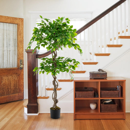 COSTWAY 150 cm Kunstpflanze grün, Künstliche Pflanze Ficus Benjamin, Dekopflanze mit natürlichem Holzstamm & Blättern, Zimmerpflanze Deko, Kunstbaum Innendekoration, für Zuhause Garten Büro