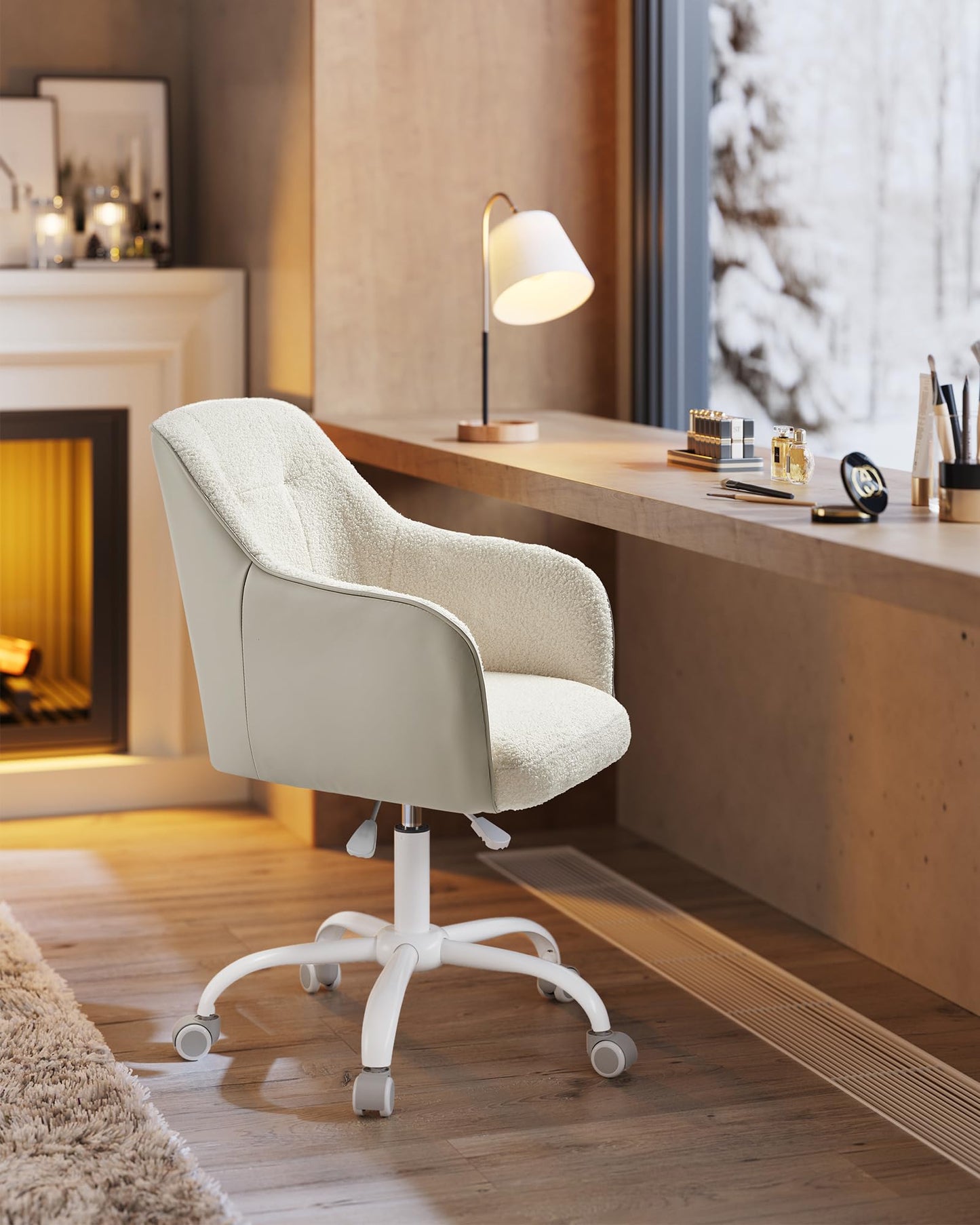 SONGMICS Homeoffice Stuhl, Drehstuhl, Schreibtischstuhl, höhenverstellbar, bis 110 kg belastbar, atmungsaktiver Sherpa-Stoff und PU, für Arbeitszimmer, Schlafzimmer, cappuccinobeige OBG019W01