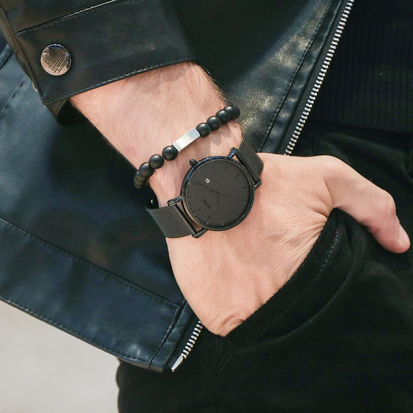 BUREI Ultra Dünne Uhren Herren Schwarze Analoges Datum Armbanduhr Herren mit Japanisches Quarzwerk, Geschenke für Männer