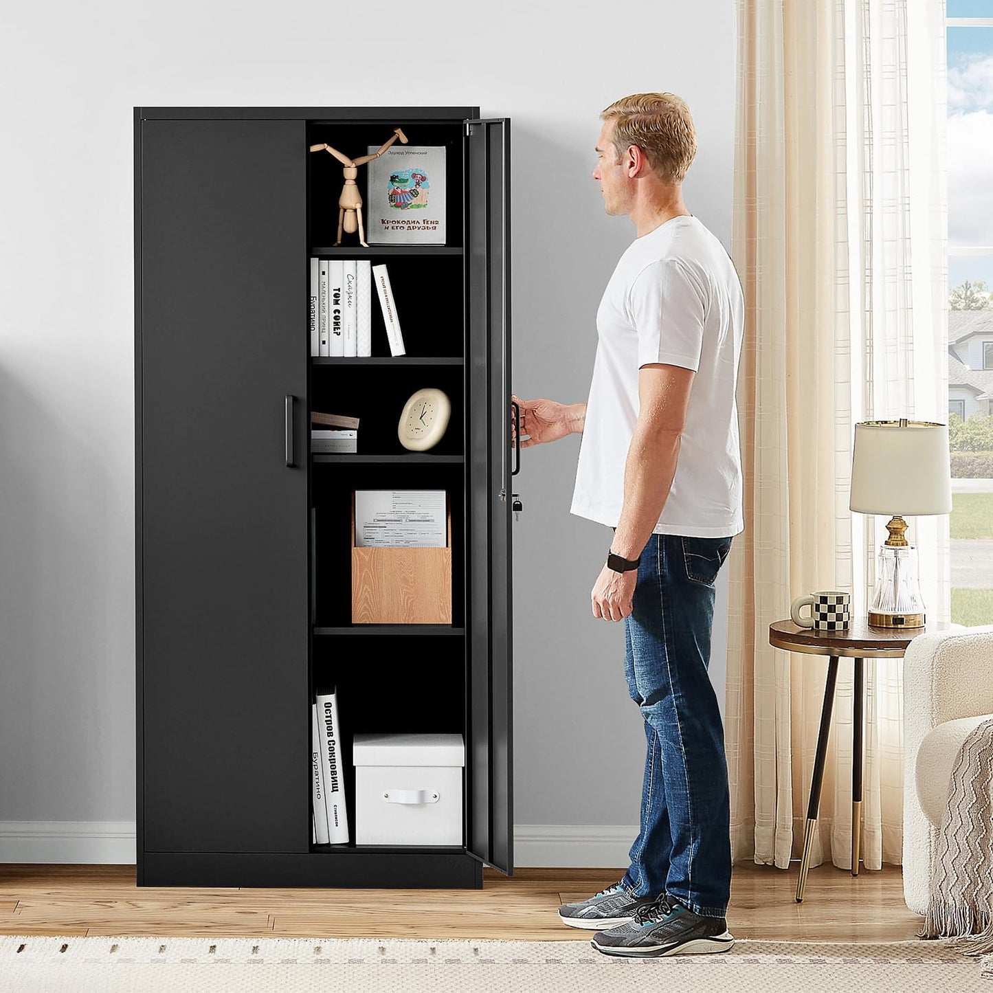 Aktenschrank Aufbewahrungsschrank mit Schloss Stahlschrank Stahlspind Mehrzweckschrank Metallschrank mit 2 Türen für Büro Haus Garage Fitnessstudio Schule 170X78X39cm Schwarz
