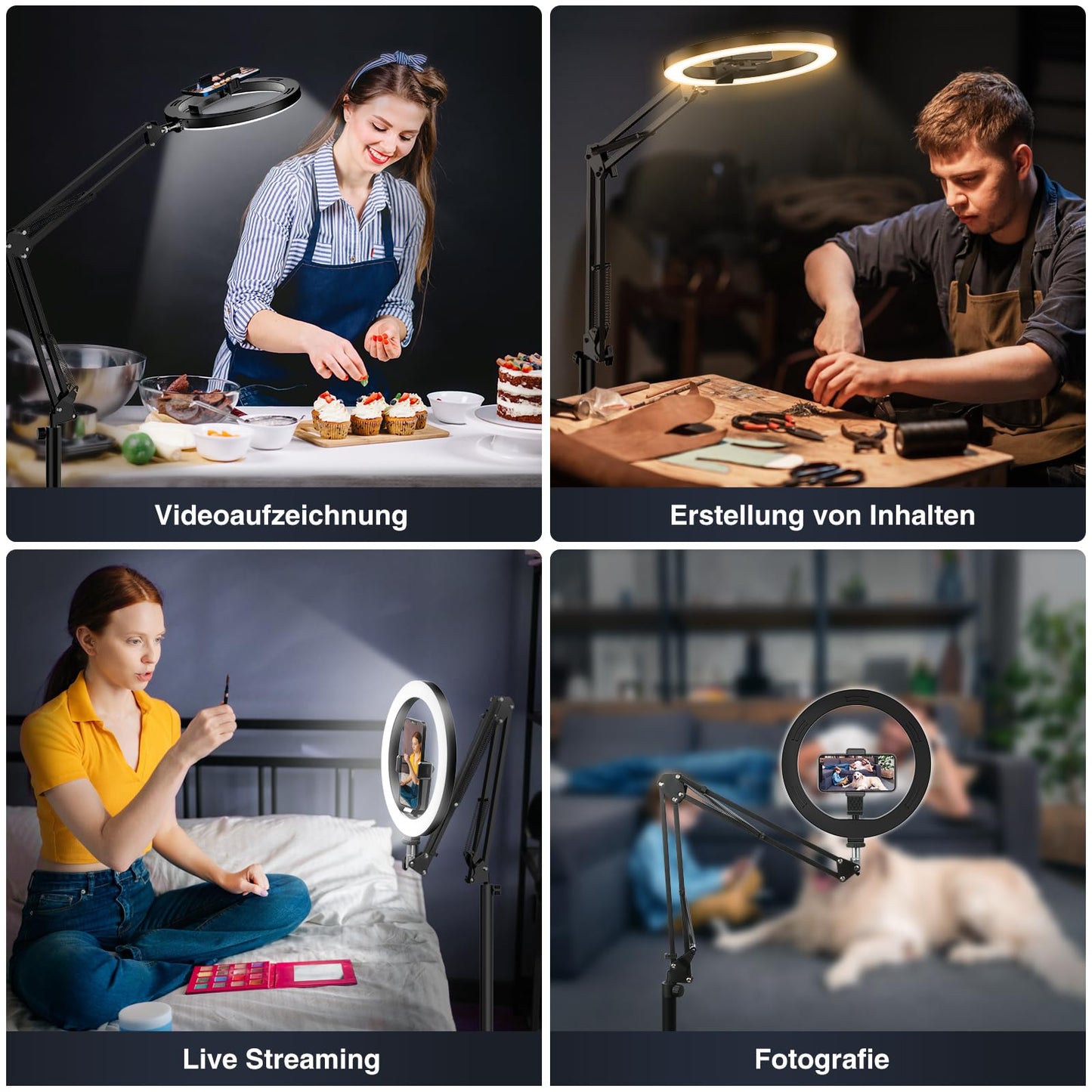 Upgrade Ringlicht Ringleuchte mit Stativ Overhead, Evershop 10” Overhead Handy Stativ mit LED Ringlicht Flexibel Lichtring Ring Light mit Fernbedienung Blitzgeräte für Tiktok YouTube Content Creator