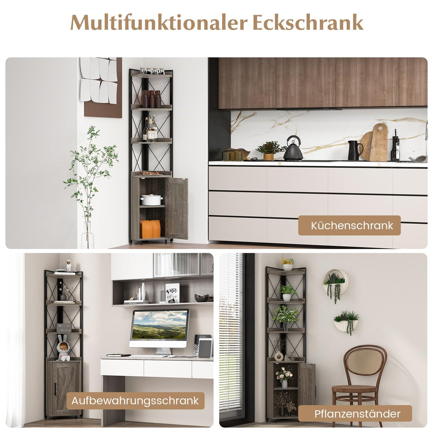 COSTWAY 6-stöckiges Bücherregal, Standregal industriell, Hochschrank schmal mit 4 Ablagen & verstellbaren Regalen, Küchenschrank Eckschrank platzsparend, 48 x 32 x 180 cm (Grau)