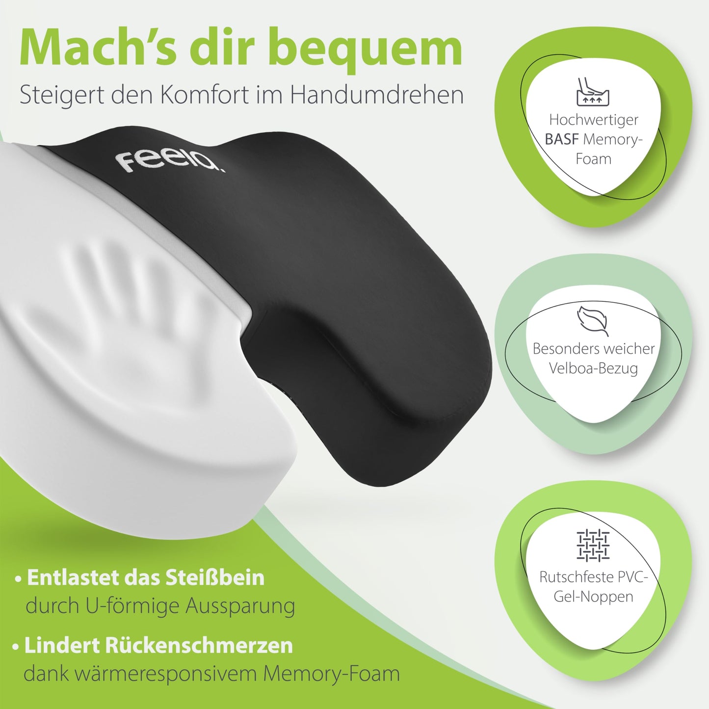 feela.® Orthopädisches Sitzkissen [3 Härtegrade] - Ergonomisches Sitzkissen für Bürostuhl & Co - Wirkt Schmerzreduzierend, Erhöht Sitzkomfort, Fördert Durchblutung und Entlastet das Steißbein (Medium)