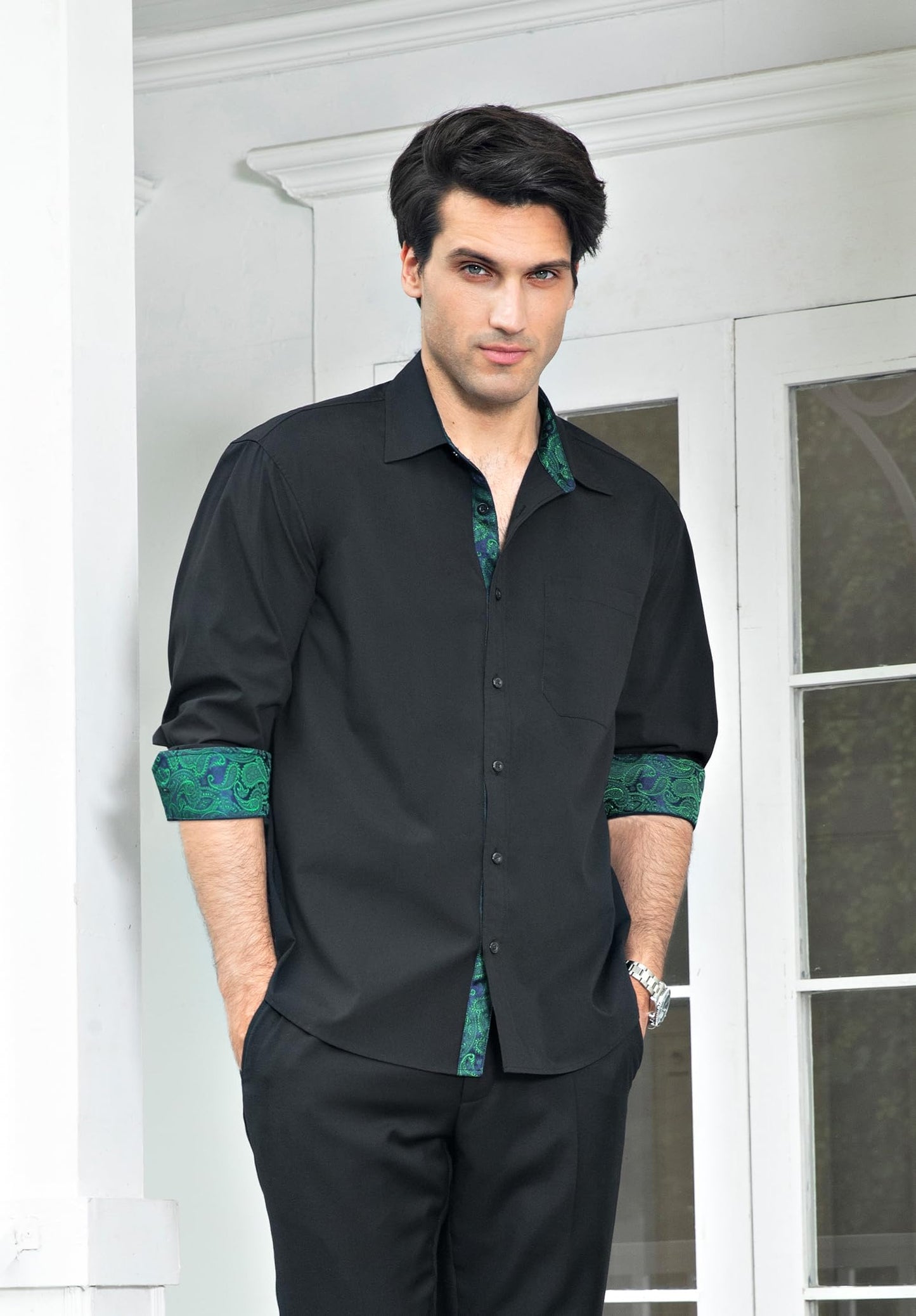 HISDERN Herren Hemd mit klassischem Kragen Herren Hemd mit klassischem Kragen Schwarz Grün Paisley Hemd Casual Formal Button Down Regular Fit Hemden Langarm