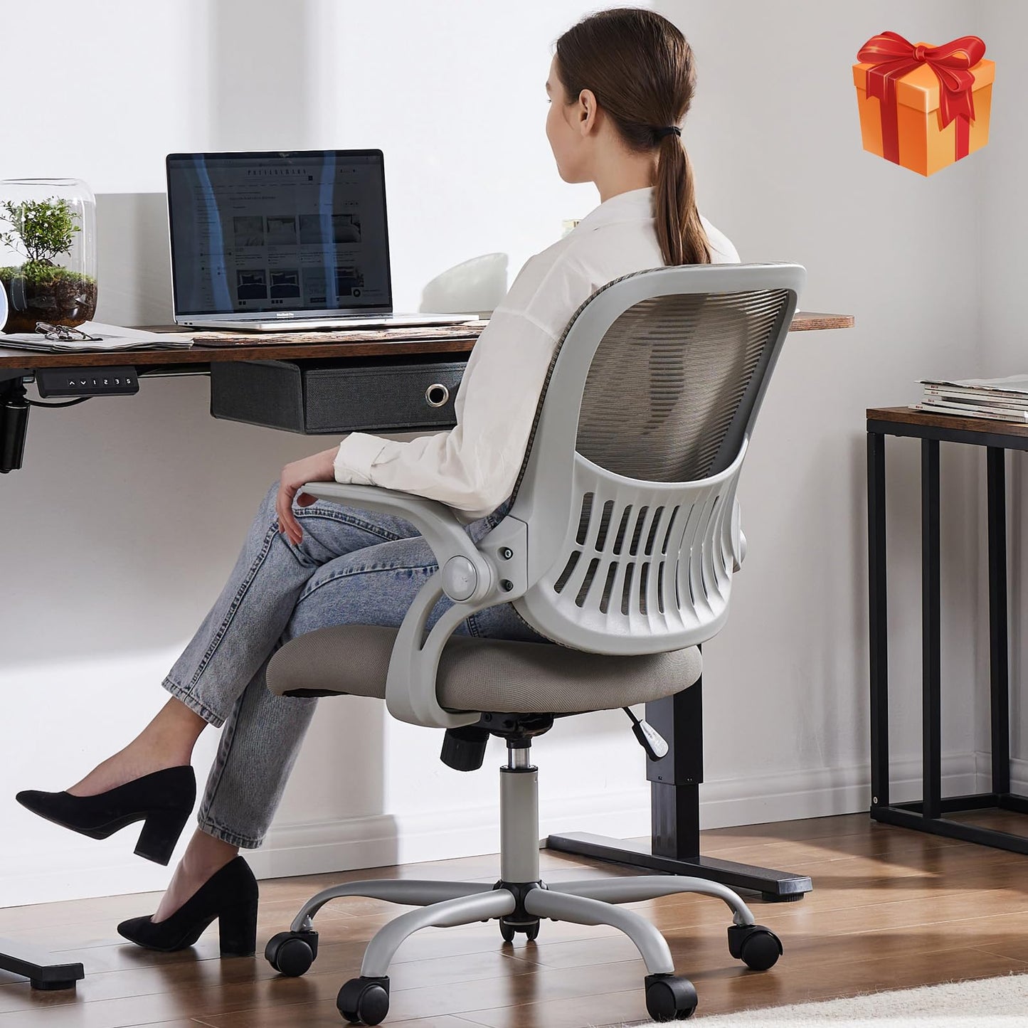 Sweetcrispy Bürostuhl Ergonomisch, Schreibtischstuhl mit Lendenwirbelstütze, Höhenverstellbarkeit Stuhl, Bürostühle mit Armlehne, Office Chair Geeignet für Büro und Schlafzimmer, Grau