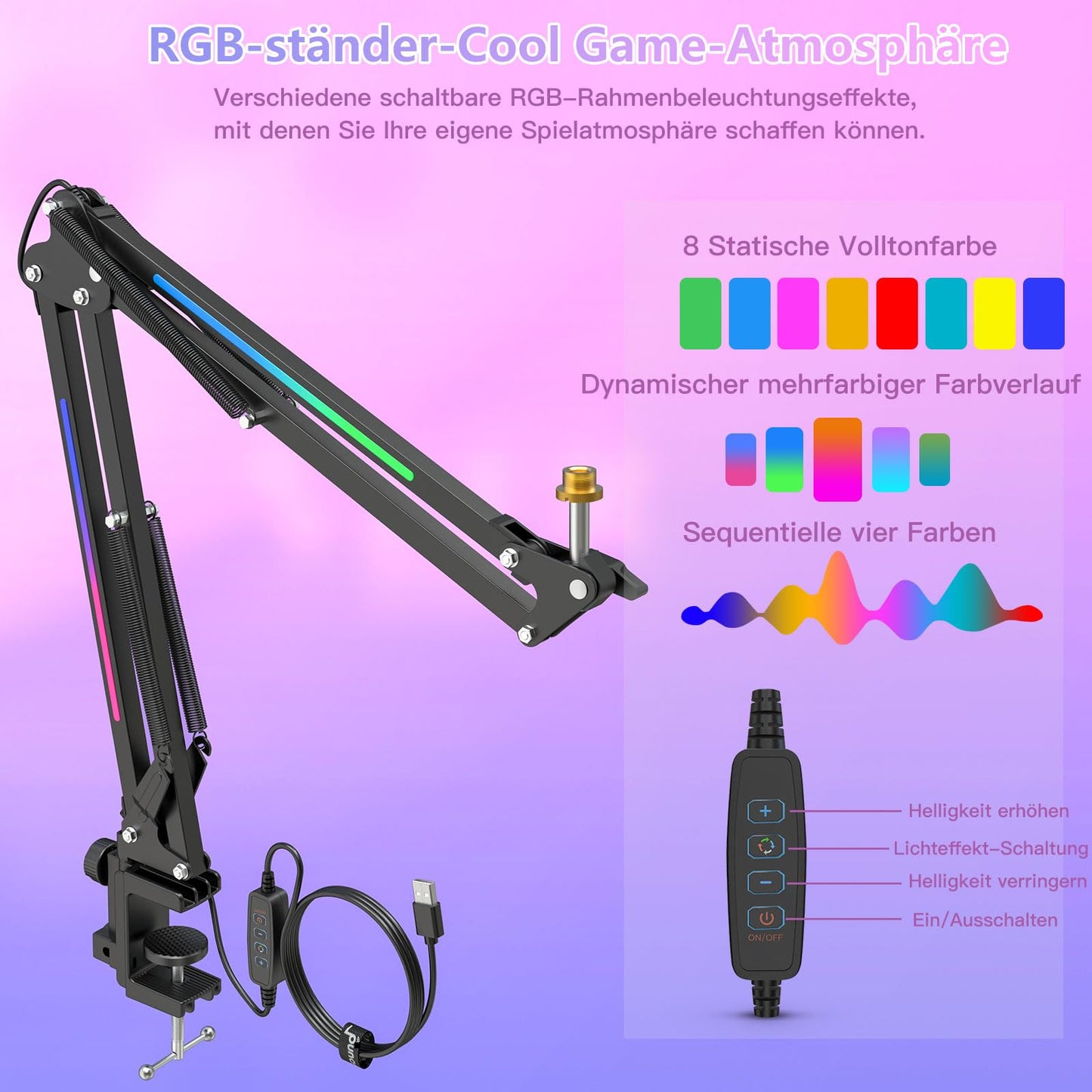ZealSound Mikrofon Arm, HT35 Mikrofonarm Ständer mit einstellbar RGB-Lichteffekt, 5/8" Adapter, kompatibel mit HyperX QuadCast S/ProCast/Duocast, Blue Yeti/Snowball/Shure SM7B/Rode NT1/Elgato usw.