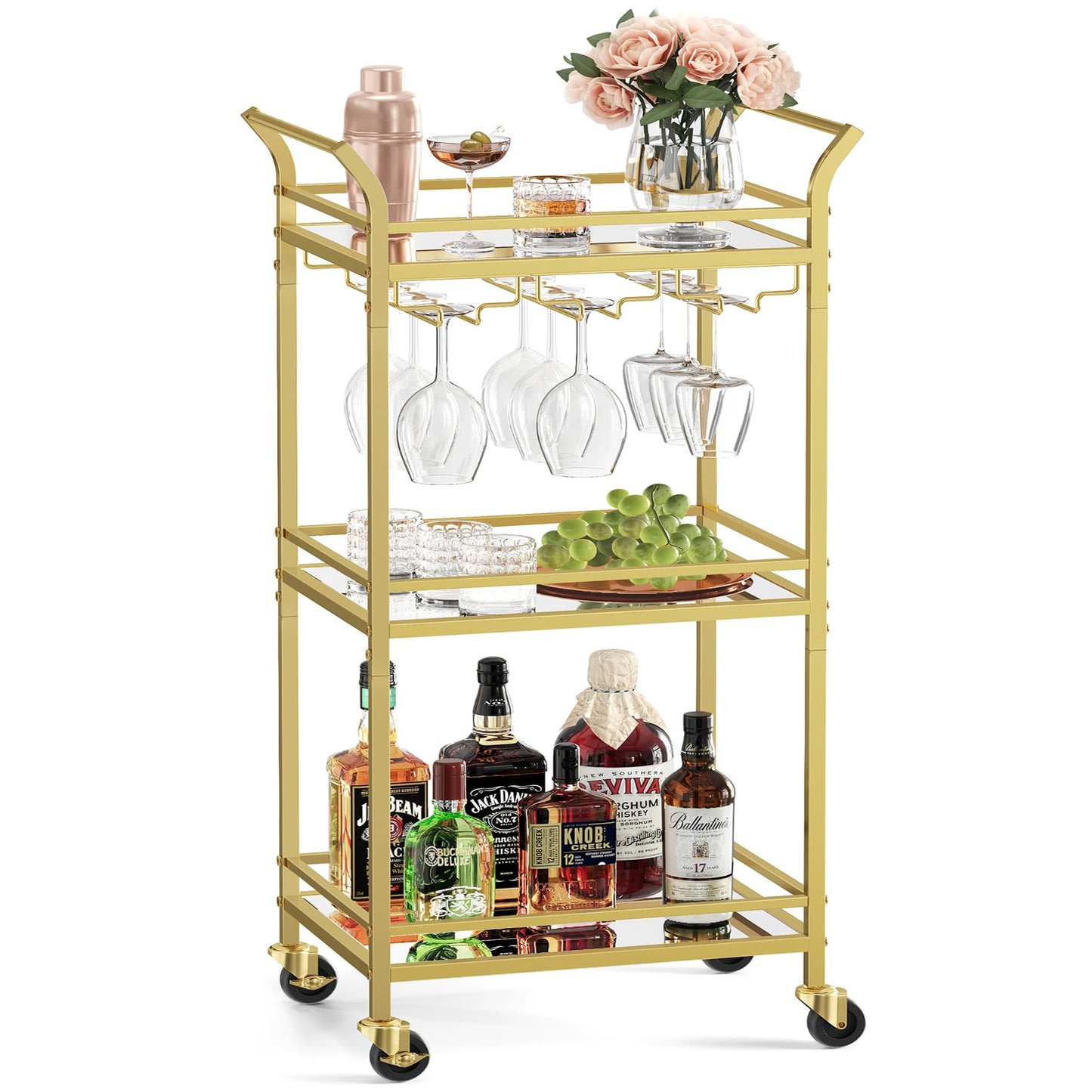 VASAGLE Servierwagen, 3 Ebenen, Rollwagen, mit Rollen, Griffen, verspiegelte Glasablagen, für kleine Räume, Küche, Esszimmer, Bar, goldfarben LRC091A62