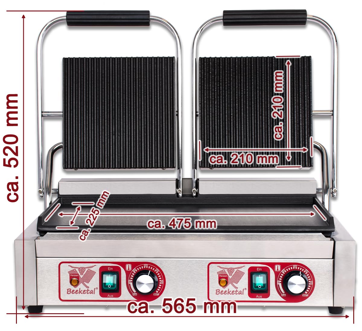 Beeketal 'BKG8' Gastro Doppelt Kontaktgrill mit Gusseisen Grillpatten (oben gerillt unten glatt) mit Fettauffangschale, Profi Edelstahl Elektrogrill ideal als Panini Grill Maker oder Sandwich Toaster