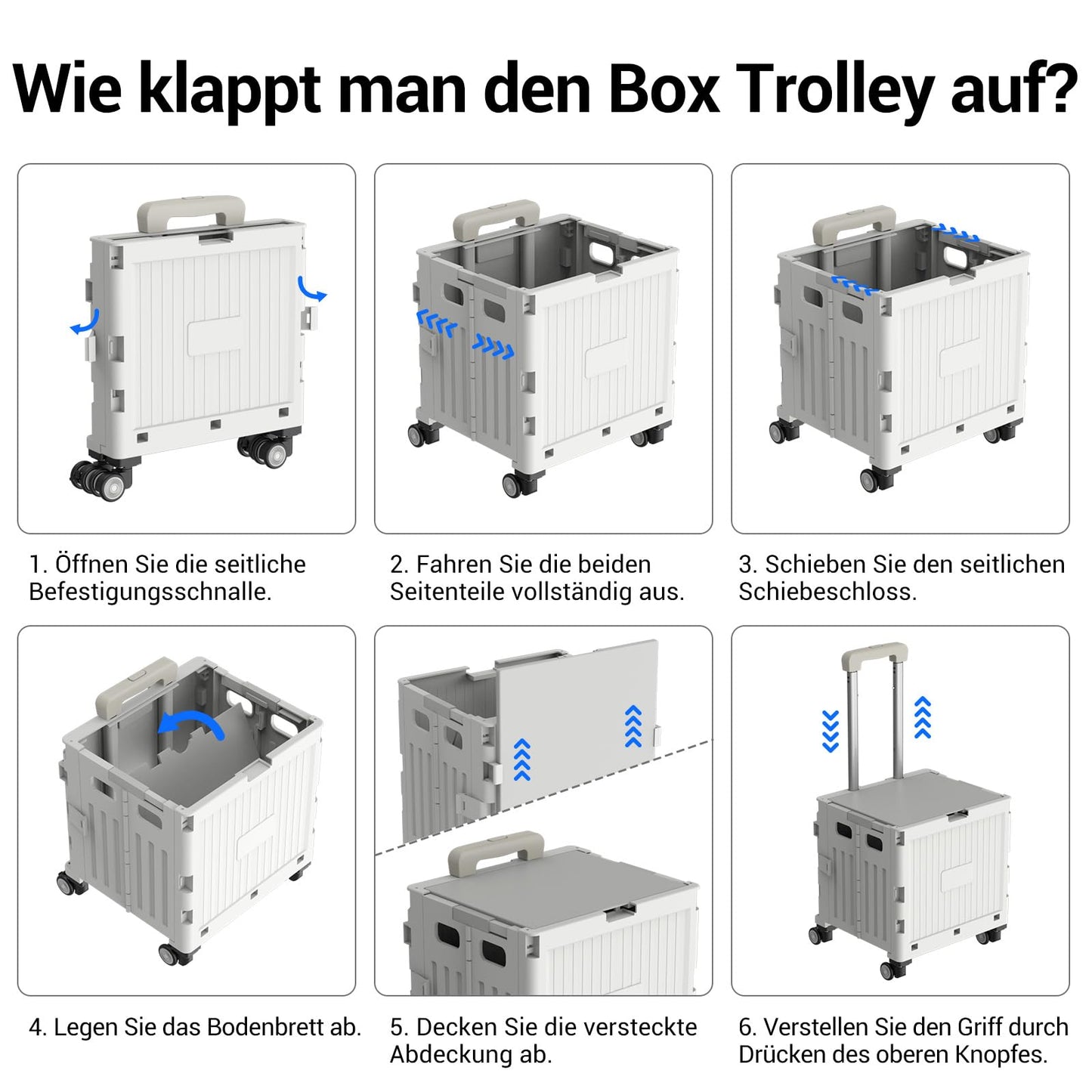 Meisax Einkaufstrolley klappbar, Einkaufswagen bis 30 kg, Transportbox mit 4 Rollen, Shopping Trolley Verstellbarer Aluminium Griff, Klappbar Transport Trolley für Einkaufen, Reisen, Büro (Grau)