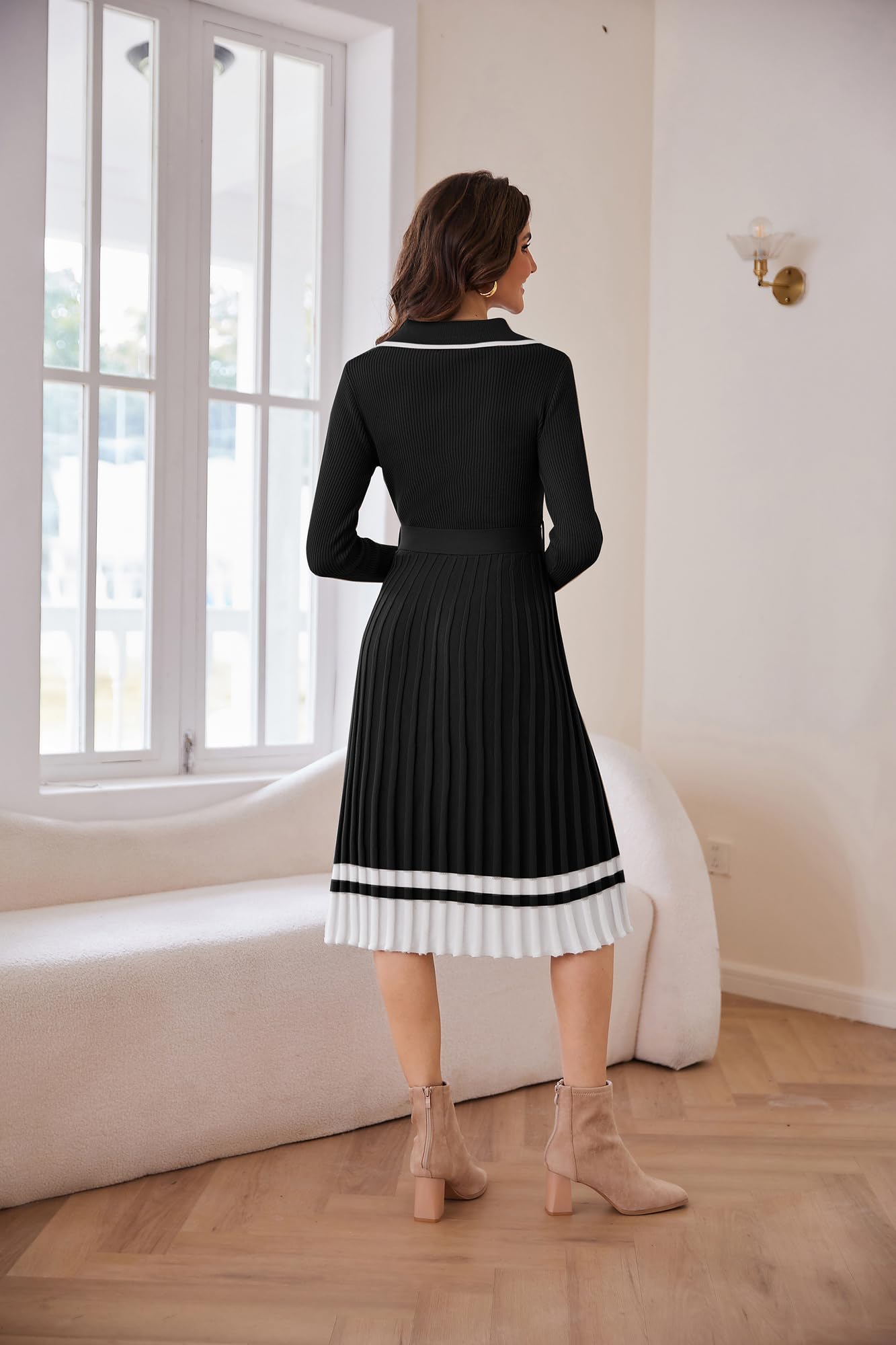 Damen Strickkleid Langarm Kleider Pulloverkleid A-Linie Plissiertes Jumper Kleid Tunika Kleid mit Gürtel Schwarz M