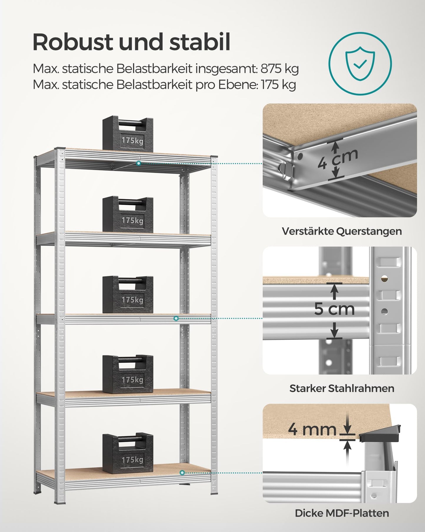 SONGMICS Schwerlastregal, 2er Set, Kellerregal, Lagerregal, 40 x 90 x 180 cm, Regal mit Stahlgestell, jeweils bis 875 kg belastbar, 5 verstellbare Ablagen, silbern GLR040E02