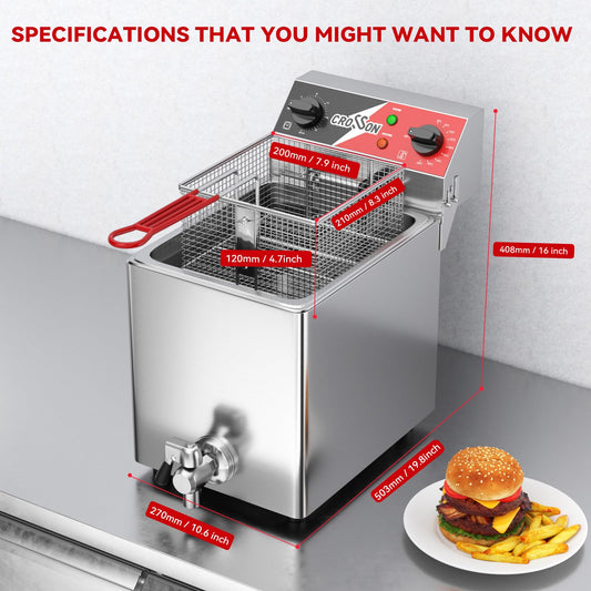 CROSSON 8L Gastro-Fritteuse, Edelstahl, Elektrisch 3250W mit Ablaufhahn, Korb und Deckel, Temperaturregelung 80-200°C für Schnelles Erhitzen