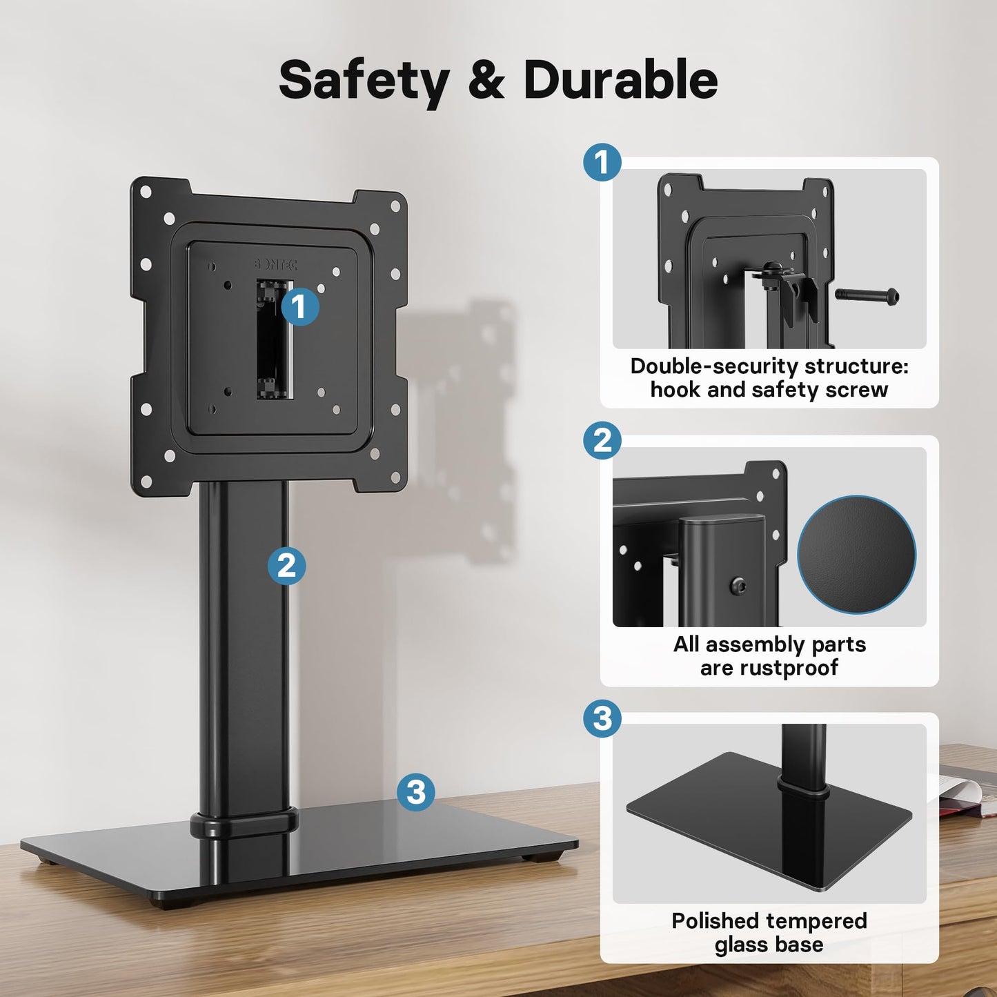 BONTEC TV Standfuss Monitor Standfuss für 17-43 Zoll LCD LED OLED Plasma Flach & Curved Fernseher & Monitor bis zu 45 kg mit 50 Grad Drehgelenk, 3 Stufig Höhenverstellbar, Max VESA 200x200