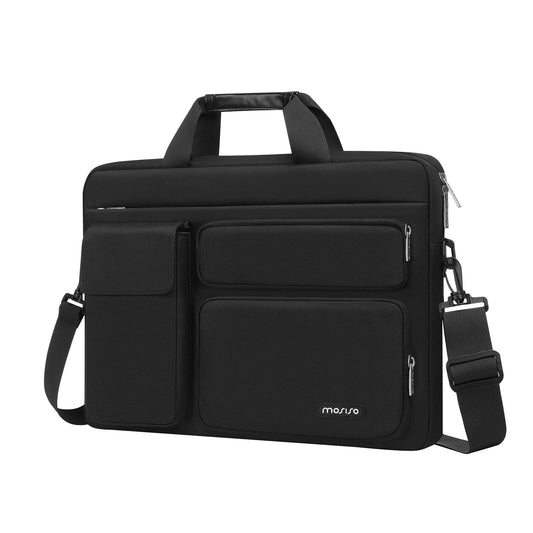 MOSISO Laptop Umhängetasche Kompatibel mit MacBook Air 15 Zoll M3 M2 2024 2023/Pro 16 M4 M3 M2 M1 2024-2019, 15-15,6 Zoll Notebook mit 2 Erhöhten&1 Klappe&1 Horizontal Fach&Griff&Gürtel,Schwarz