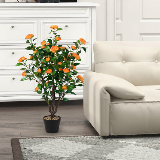 COSTWAY 100 cm Kunstbaum mit Blüten, Künstlicher Kamelienbaum, Kunstpflanze im Topf, Kamelienpflanze mit 37 Blüten und natürlicher Stamm, Kunstblume für Zuhause Büro, Zimmerpflanze Dekopflanze