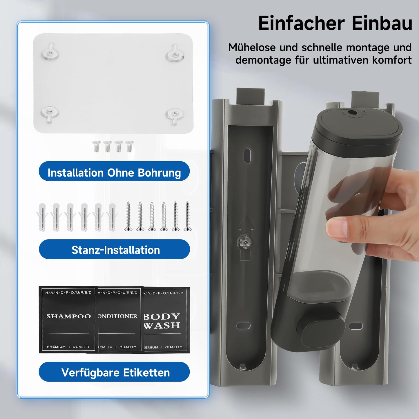 MEKOTRIN Seifenspender Wandbefestigung mit 3 Kammern – Wandmontage ohne Bohren oder Schrauben, Nachfüllbarer Duschgelspender 3×300 ml – ABS Kunststoff, Grau, ideal für Bad, Küche & Hotel