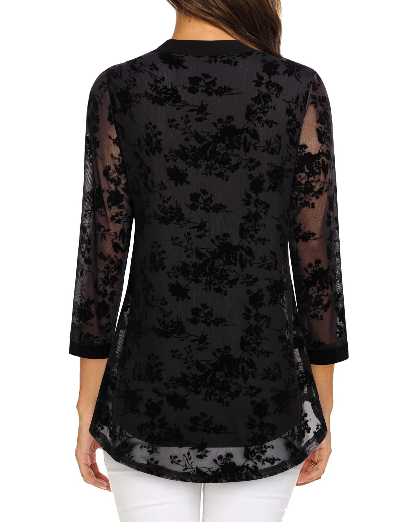 Vafoly Schwarze Blusen für Frauen Elegant Casual Arbeit Oberteile Damen V-Ausschnitt Dressy Tunika Tragen mit Leggings Floral Büro Kleidung Flowy Frühling Beflockte Schwarze Blumen XL