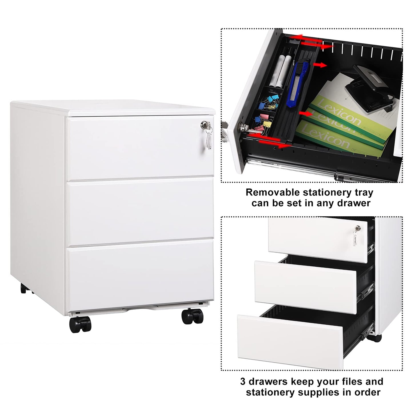 WOLTU Rollcontainer Metall, Mobiler Aktenschrank Büroschrank mit 3 Schubladen Bürocontainer, abschließbares und verstellbares Hängeregister, vormontiert, Büro, Home Office Weiß SK024ws