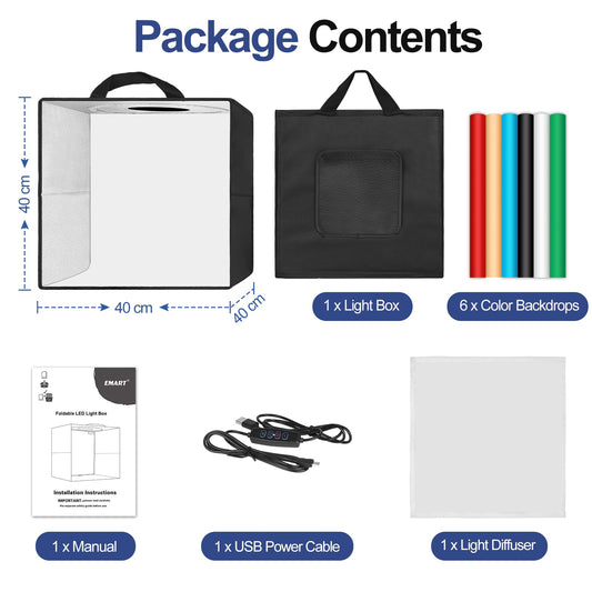 EMART Fotobox zum Fotografieren, 40x40 cm Fotostudio Lichtbox, Tragbarer Fotografie Lichtzelte 144 LED-Licht und 6 wasserdichte PVC Hintergründe für Produktfotografie, kleine Gegenstände