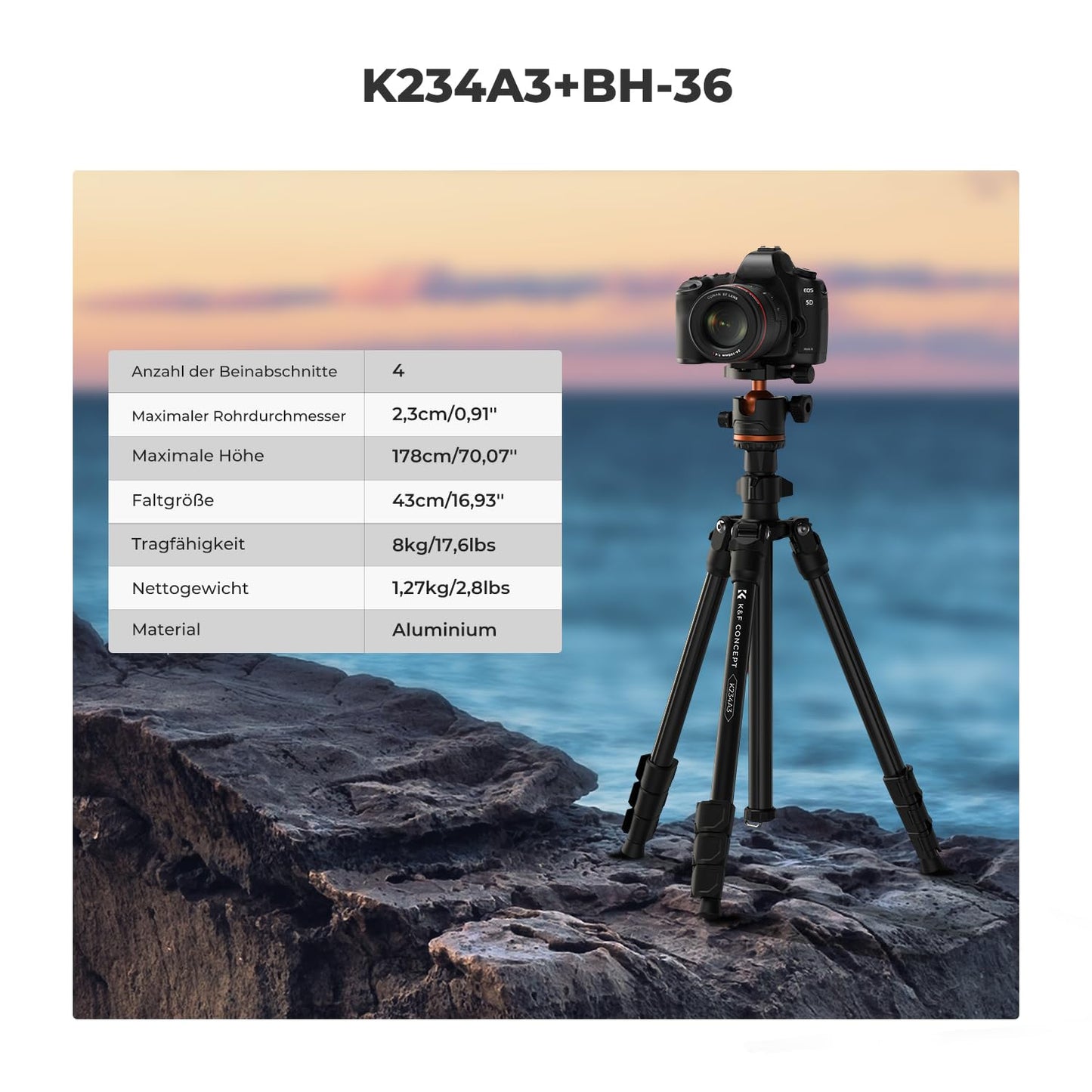 Kamera Stativ, K&F Concept Handy Stativ,178cm Stativ mit Handyhalterung, Tripod für unterwegs, Stativ für Smartphone, Aluminium Reisestativ K234A3+BH-36