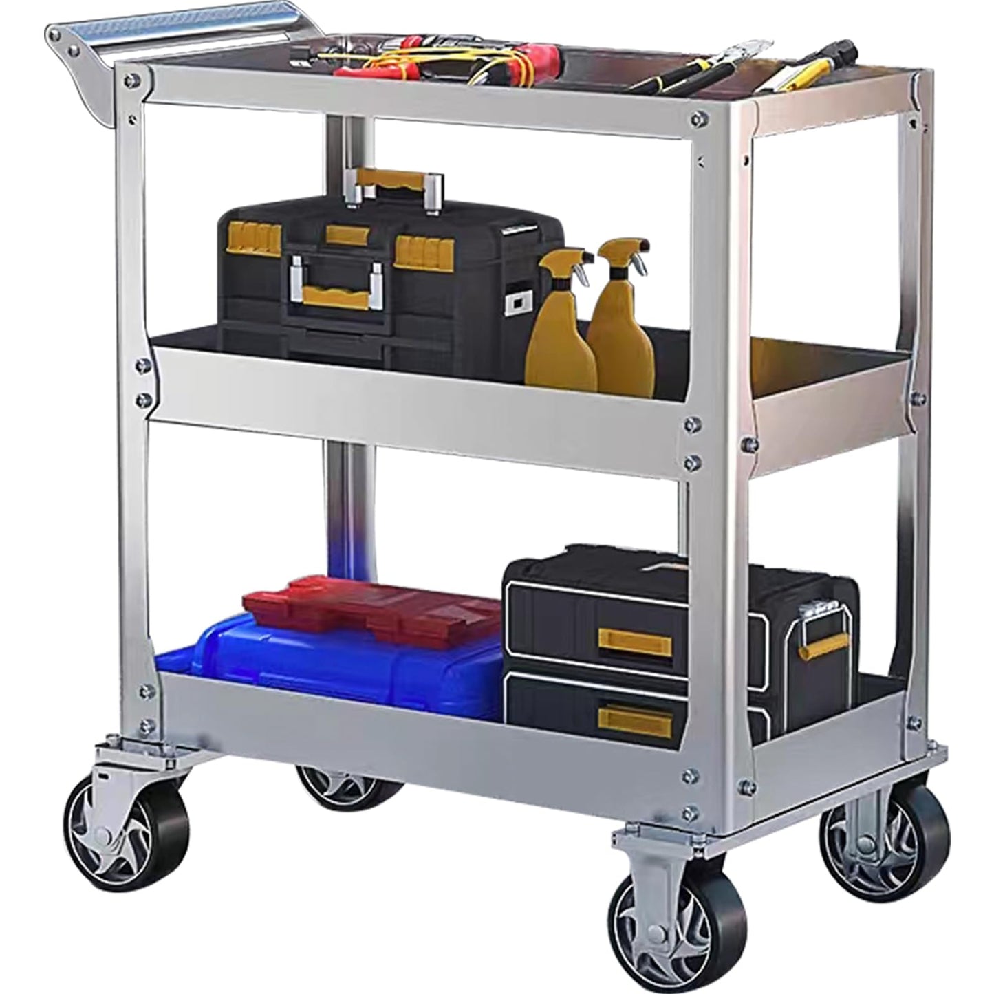 Edelstahl Rollwagen Werkstatt, 3-Etagen Rollbar Montagewagen mit 500kg Tragkraft, Multifunktionaler Materialwagen mit Rollen, Kommissionierwagen, Vielzweckwagen für Garage, Werkstatt, 78 x 46 x 92cm