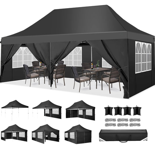 COBIZI Faltpavillon 3X6, Pavillon 3x6m Wasserdicht Stabil Winterfest, Faltbar Partyzelt mit 6 Seitenwänden & 4 Sandsack Pop up Gartenpavillon Anti-UV für Hochzeiten, Freien, Schwarz