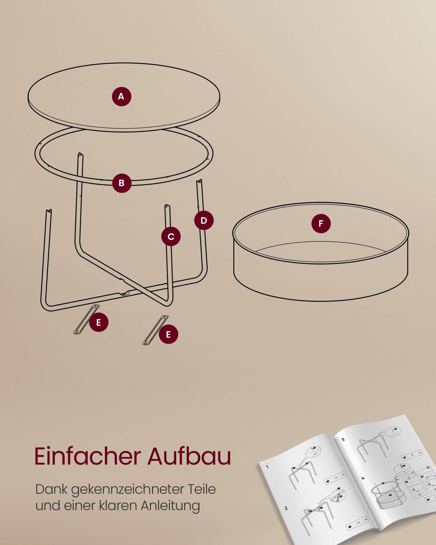 VASAGLE Runder Couchtisch, Mattweiß/Kamelbraun, mit Stoffkorb-Aufbewahrung, Moderner Beistelltisch für Wohnzimmer, Metallrahmen