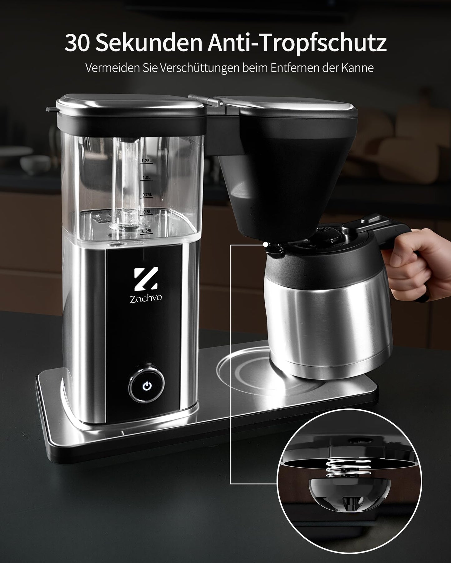 ZACHVO Filterkaffeemaschine mit 1.25L thermoskanne, kaffeemaschine für bis zu 10 Tassen, Permanentfilter, Fropf Stopp, Auto Abschaltung, BPA frei, 4,5 Minuten schnelle Kaffeezubereitung, 1550W