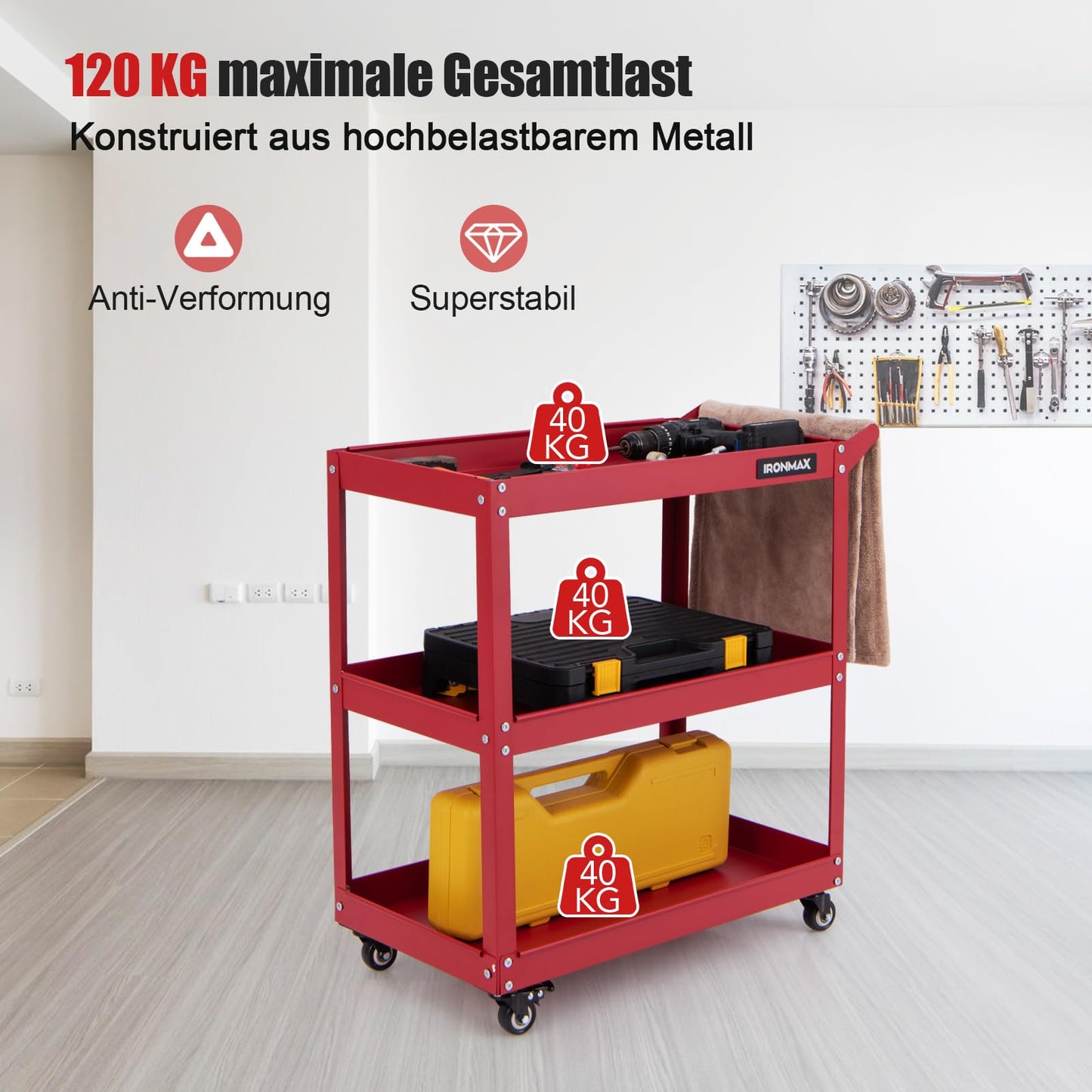 COSTWAY Werkstatt-Rollwagen mit 2 Etagen, Werkzeugwagen mit Handgriff, Werkstattwagen aus Metall, bis zu 100 kg belastbar, Montagewagen Etagenwagen für Zuhause, Garage, 85 x 41 x 79 cm (Rot)