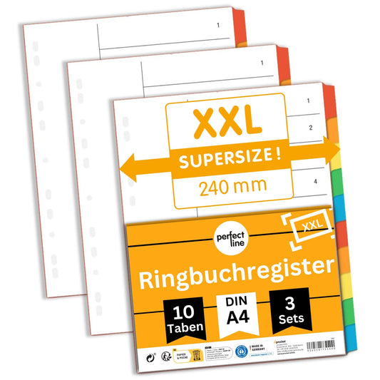 perfect line - Ordner-Register XXL DIN-A4, 10-teilig, 3er Set, Karton, made in Germany, Blauer Engel zertifiziert