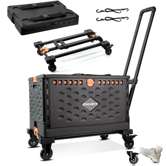 EULANT 2 in1 Faltbare Handwagen mit 60L Faltbox & Deckel, Transportkiste mit Rollen & Bremse, Utility Transportwagen mit 360° drehbaren Rädern & 2 Elastischen Seilen,Einkaufstrolley Klappbar