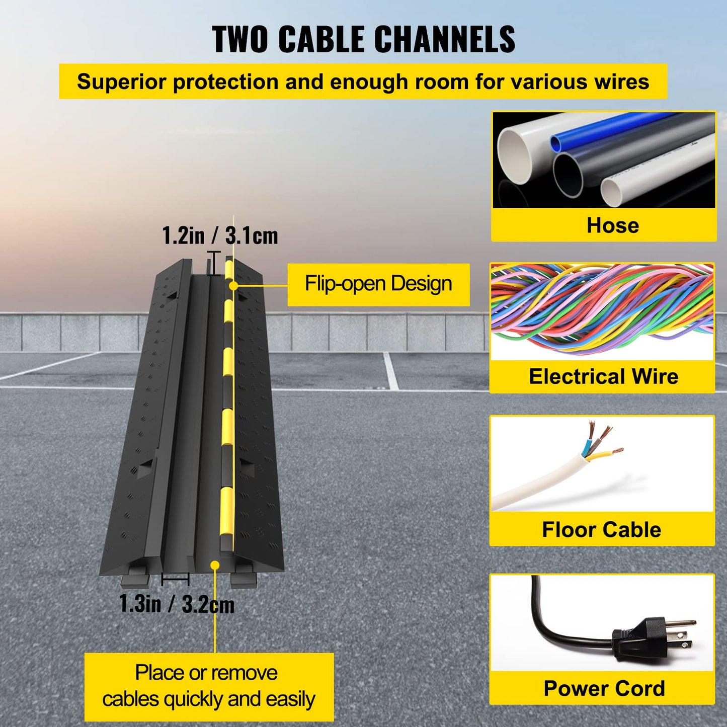 VEVOR Kabelschutzmatte 3 Stück 2 Kanal, 101 x 25 x 5 cm Überfahrschutz für Kabel, Kabelbrücke aus Handelsüblichem Thermoplastischem Gummi mit Modularem Design für Parkplätze, Lagerhäuser, Schwarz