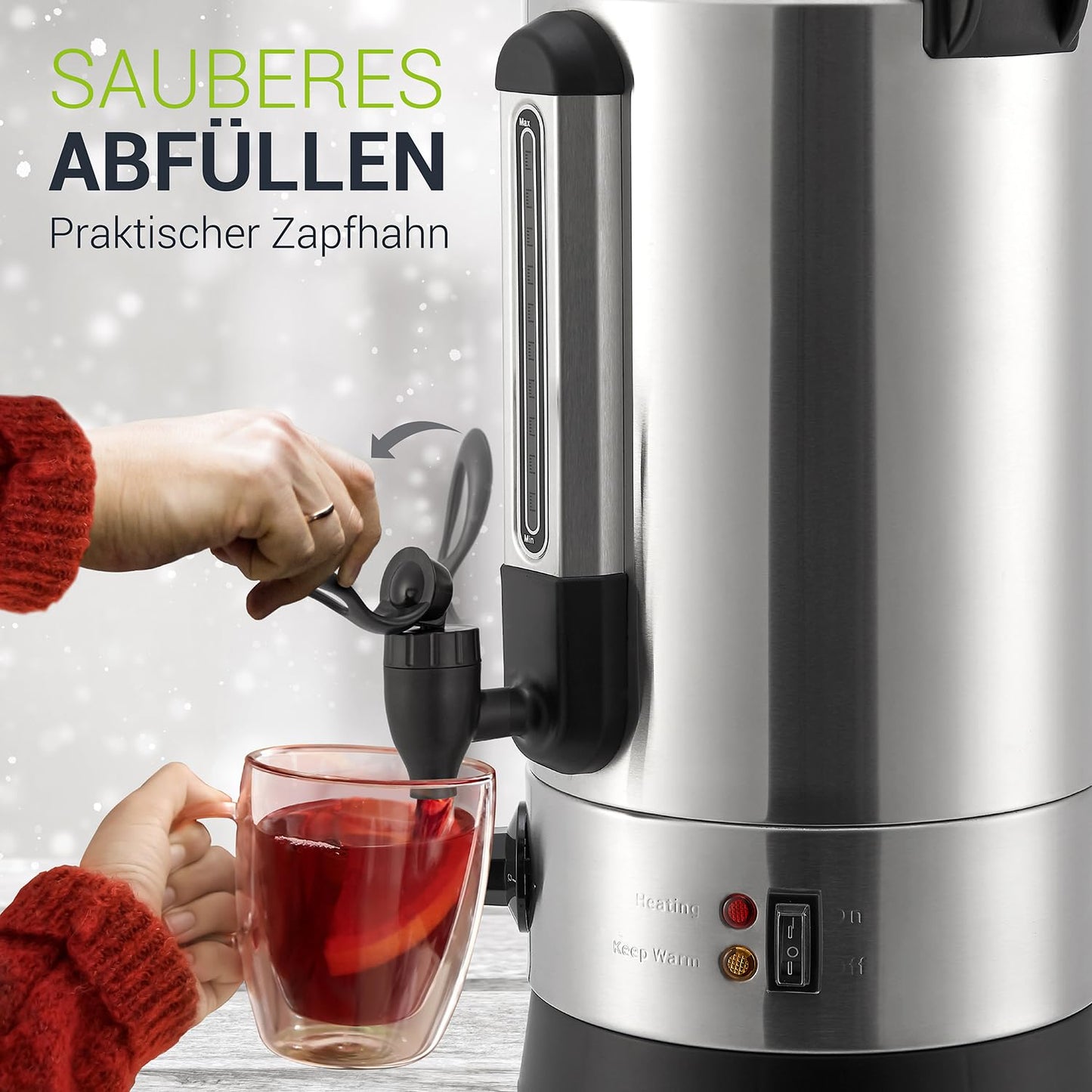 Juskys Teramo Glühweinkocher 10L, Edelstahl, 1500W, mit Zapfhahn, Thermostat 30-110°C, Heißgetränkespender für Glühwein und Punsch