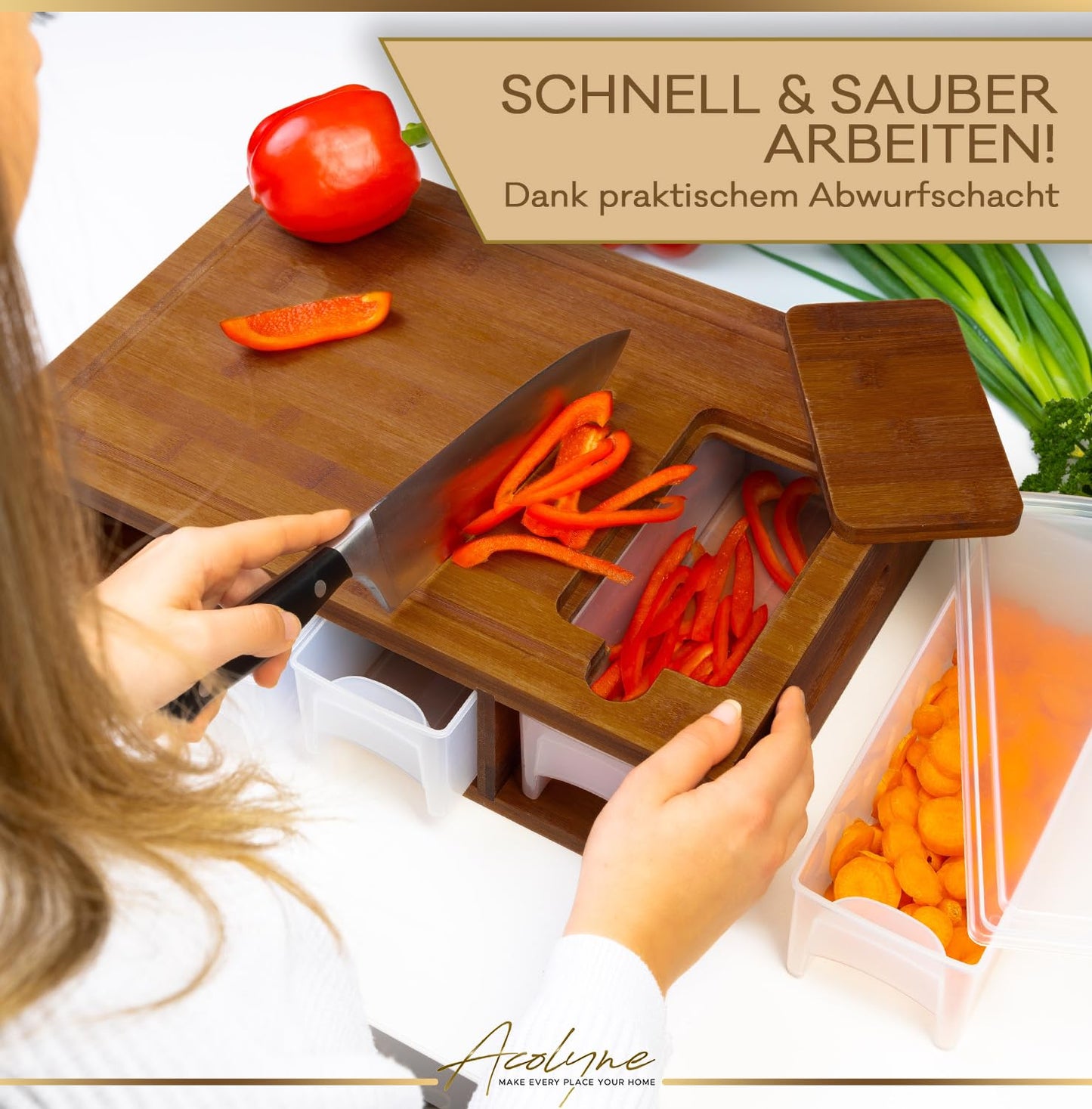 𝐀𝐜𝐨𝐥𝐲𝐧𝐞® XXL Schneidebrett mit Auffangschale KARBONISIERTEN BAMBUS mit 4x Schäler-Aufsatz und Abdeckung Frankfurter Brett Schneidebrett Holz Cutting board Wood multifunktionales Küchen Set