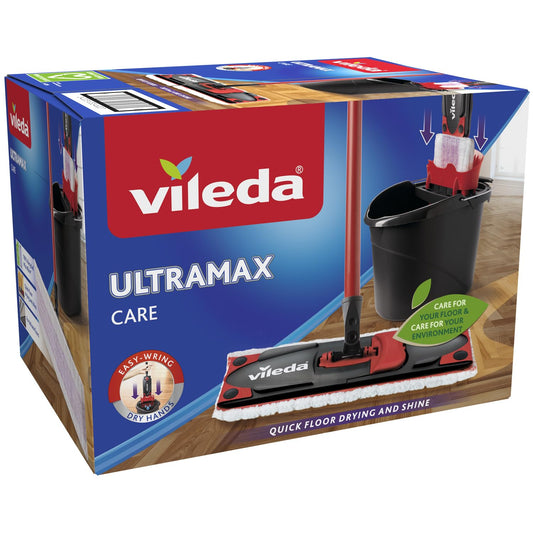 Vileda Ultramax Care Komplett Set, Bodenwischer Wischmopp mit Stiel | Eimer mit PowerPresse | Für empfindliche Böden | 100% recycelte Mikrofaser* | Schnell getrockneter Boden