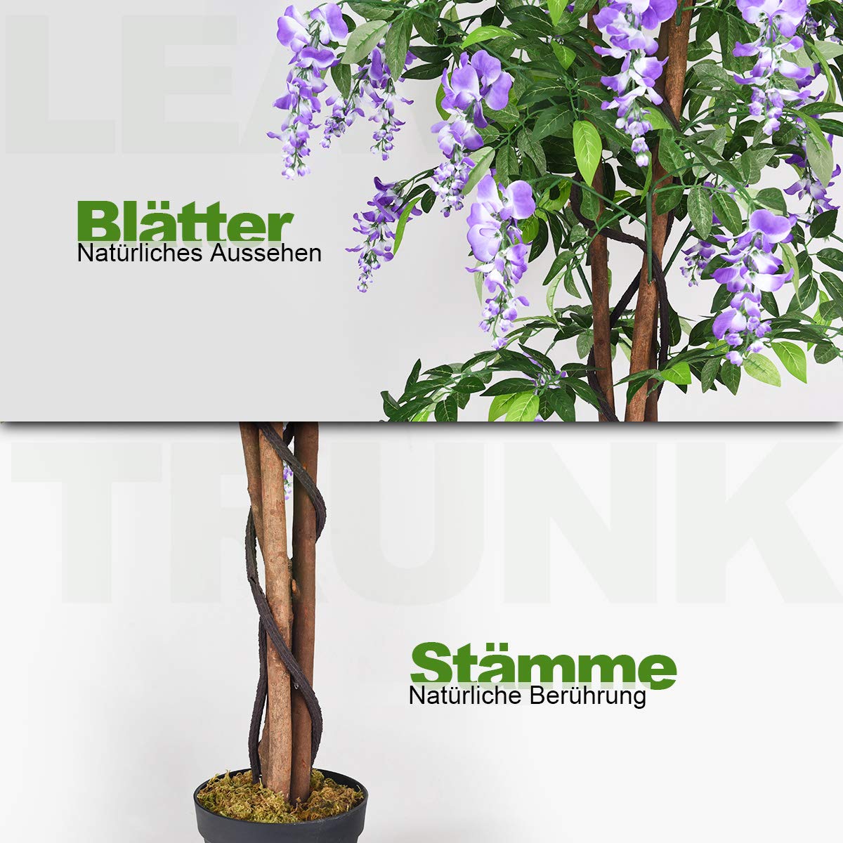 COSTWAY Kunstbaum mit Blüten, Kunstpflanze im Topf, Zimmerpflanze mit natürlichen Blättern & 3 Stämmen, Künstlicher Baum Kunstblume Lila, Dekopflanze künstlich, Zimmerpflanze Grünpflanze 150 cm
