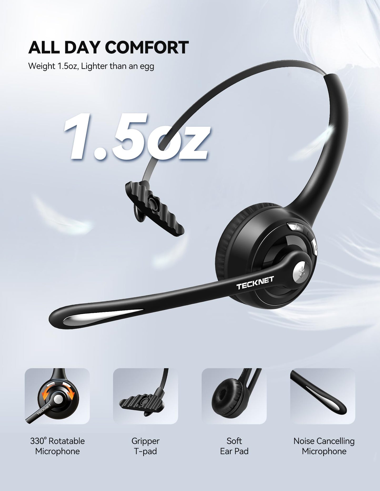 TECKNET Bluetooth Headset mit Mikrofon & USB Dongle, kabelloses PC Headset, Rauschunterdrückung und Freisprechen Chat Headset für Computer, Callcenter, Telefonkonferenzen, Super Leicht, Ultra Komfort
