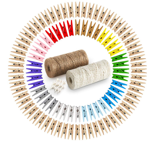 ABSOFINE 200 Wäscheklammern Holz mit 120M Garten Kordel 10 Stück Non-Trace Haken bunt Holzwäscheklammern 3,5cm Kordel Schnur Weiß Natur Juteschnur für Fotos Garten Fotowand Verpackung Gastgeschenk