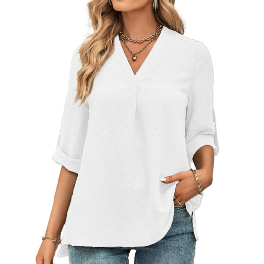 Tanmolo Bluse Damen 3/4 Ärmel mit V-Ausschnitt Elegant Oberteile Casual Swiss Dot Tops Tunika weiß, L