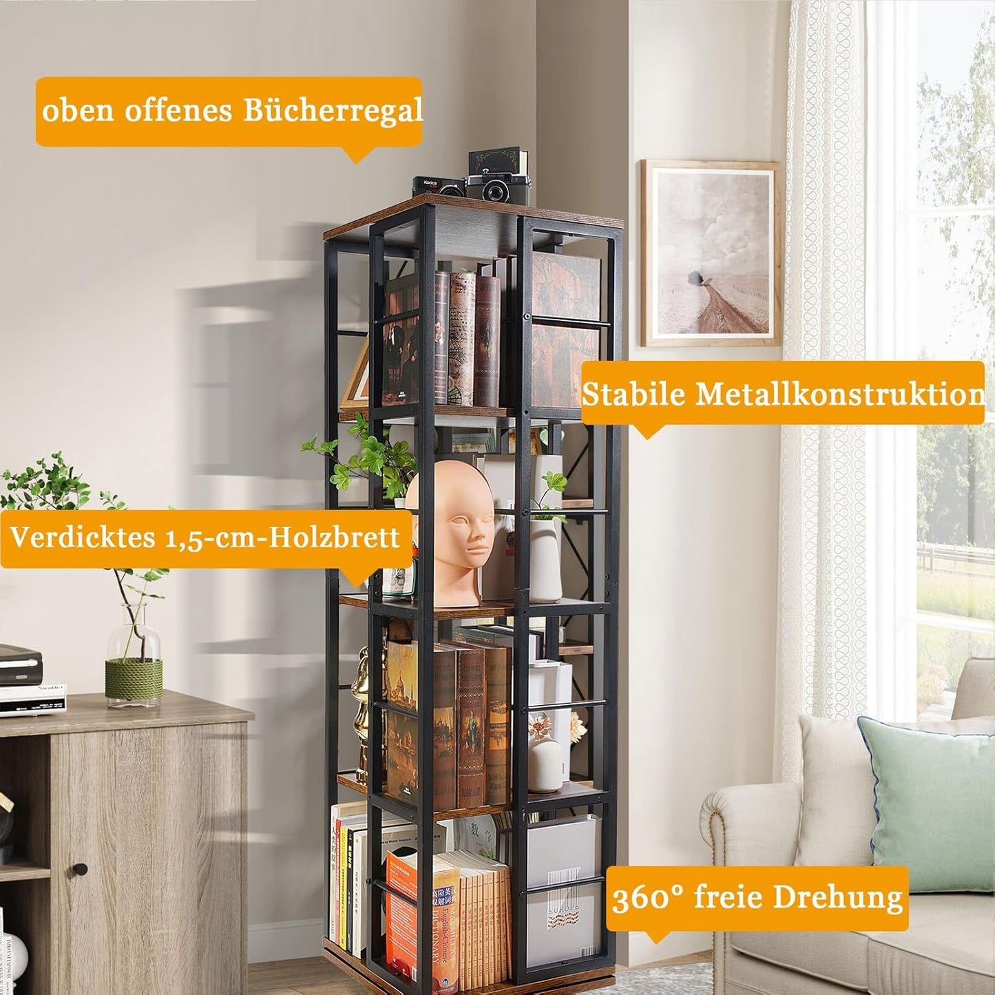 Nivadeui Drehbares Bücherregal 5 Etagen Schwarz, 360° Drehbarer Holzregal, Freistehendes Standregal für Wohnzimmer und Schlafzimmer