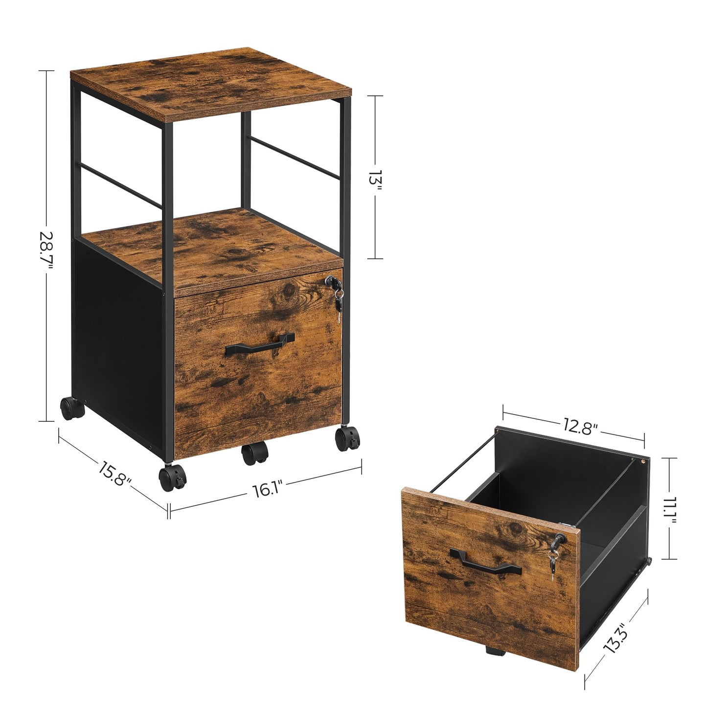 VASAGLE Aktenschrank mit 1 Schublade, Aktenschrank mit Schloss, Druckerständer, Büro-Aktenschrank-Organizer, für A4- und Briefformat, rustikales Braun und Schwarz UOFC044B01