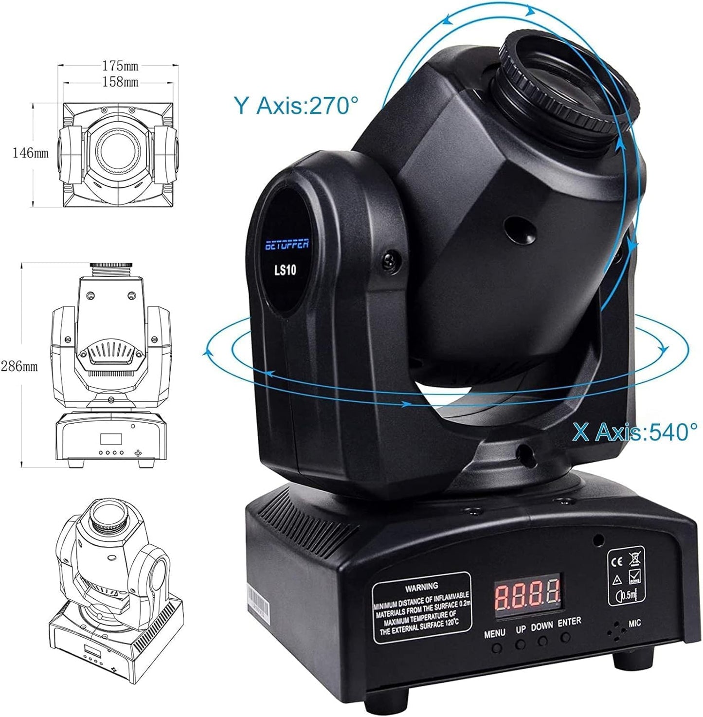 BETOPPER Moving Head Led Partylicht 35W Bühnenlicht mit 8 Gobos und 8 Farben Discolicht Beam DMX 9/11Ch für DJ Bar Club Bühne Halloween Weihnachten Party
