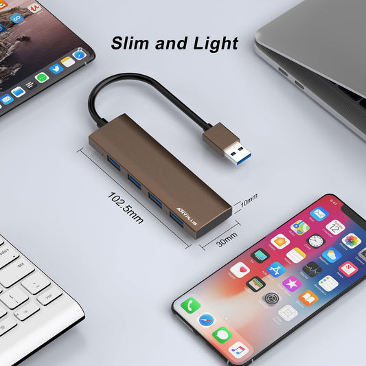 ANYPLUS USB Hub 3.0, USB Verteiler Aluminiumlegierung Ultra Slim USB Splitter, Tragbarer 4 Port USB-Hubs, USB Mehrfachstecker für Laptop, PC, iMac, Mac Pro,Surface Pro, MacBook, Flash Drive【Braun】