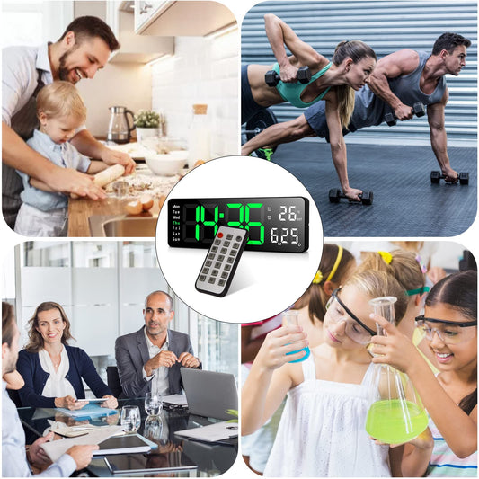 Fuloon Wanduhr Digital, LED Wanduhr mit 13-Zoll-Großdisplay, Digital Wecker mit Fernbedienung, Timing- und Countdown, Tischuhr Digital mit Datum, Woche, Temperatur für Schlafzimmer, Wohnzimmer