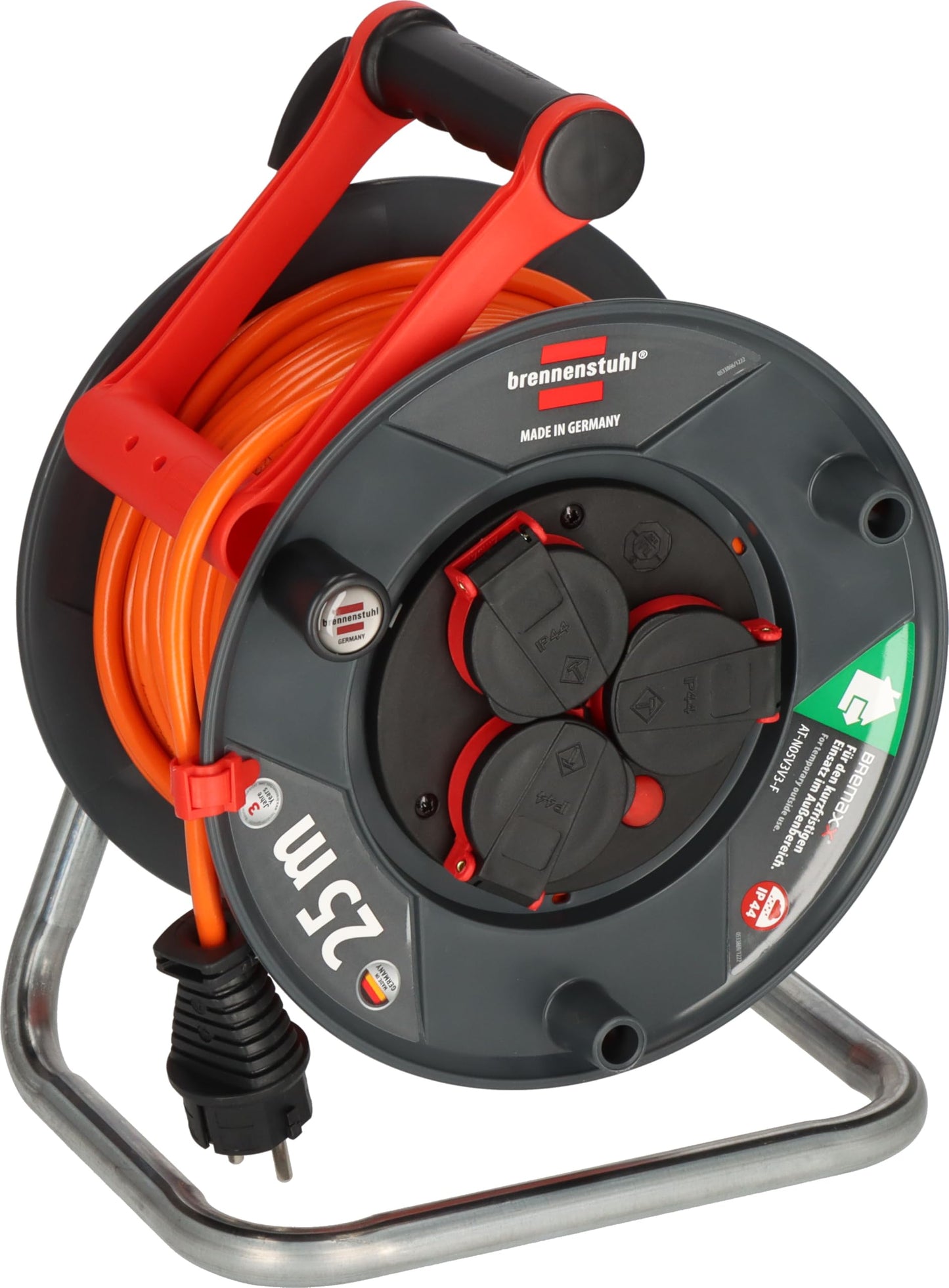 Brennenstuhl Garant V2 IP44 Kabeltrommel 25m outdoor (Made in Germany, 3 Schutzkontakt-Steckdosen, Überhitzungsschutz, kurzfristiger Einsatz im Außenbereich)