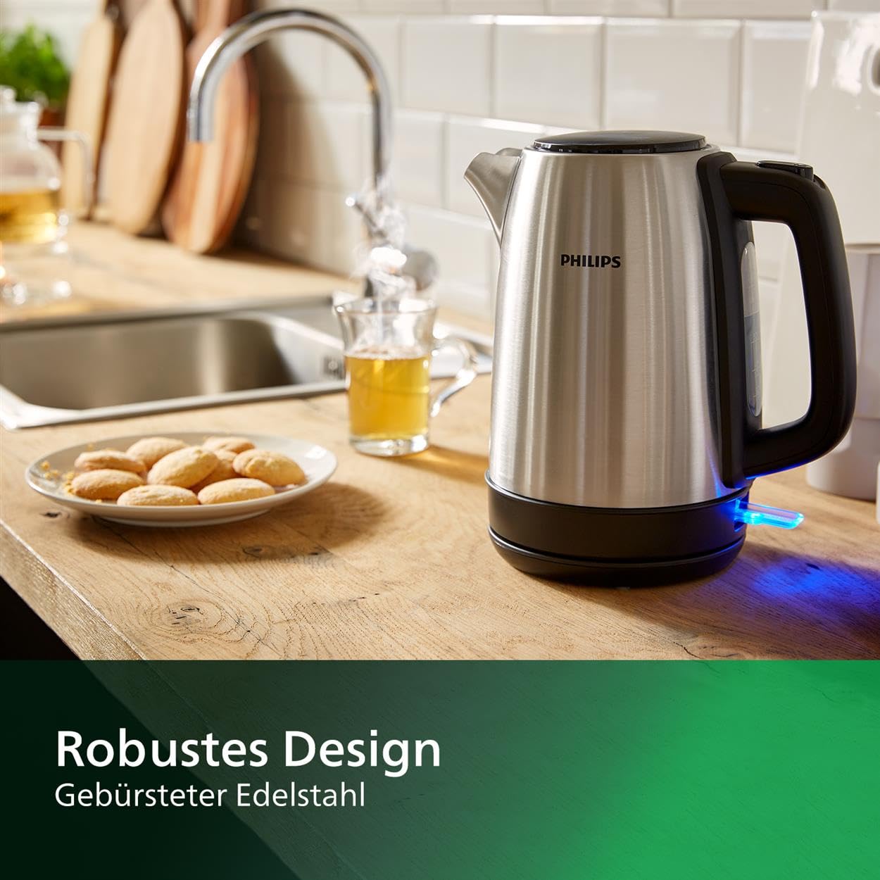 Philips Daily Collection Metall Wasserkocher – 1,7L, Leuchtanzeige, 360°-Basis, Mikro-Sieb-Filter, Flaches Heizelement, Sprungdeckel, Energiesparend, Sicheres Design, Schnelles Aufkochen (HD9350/90)