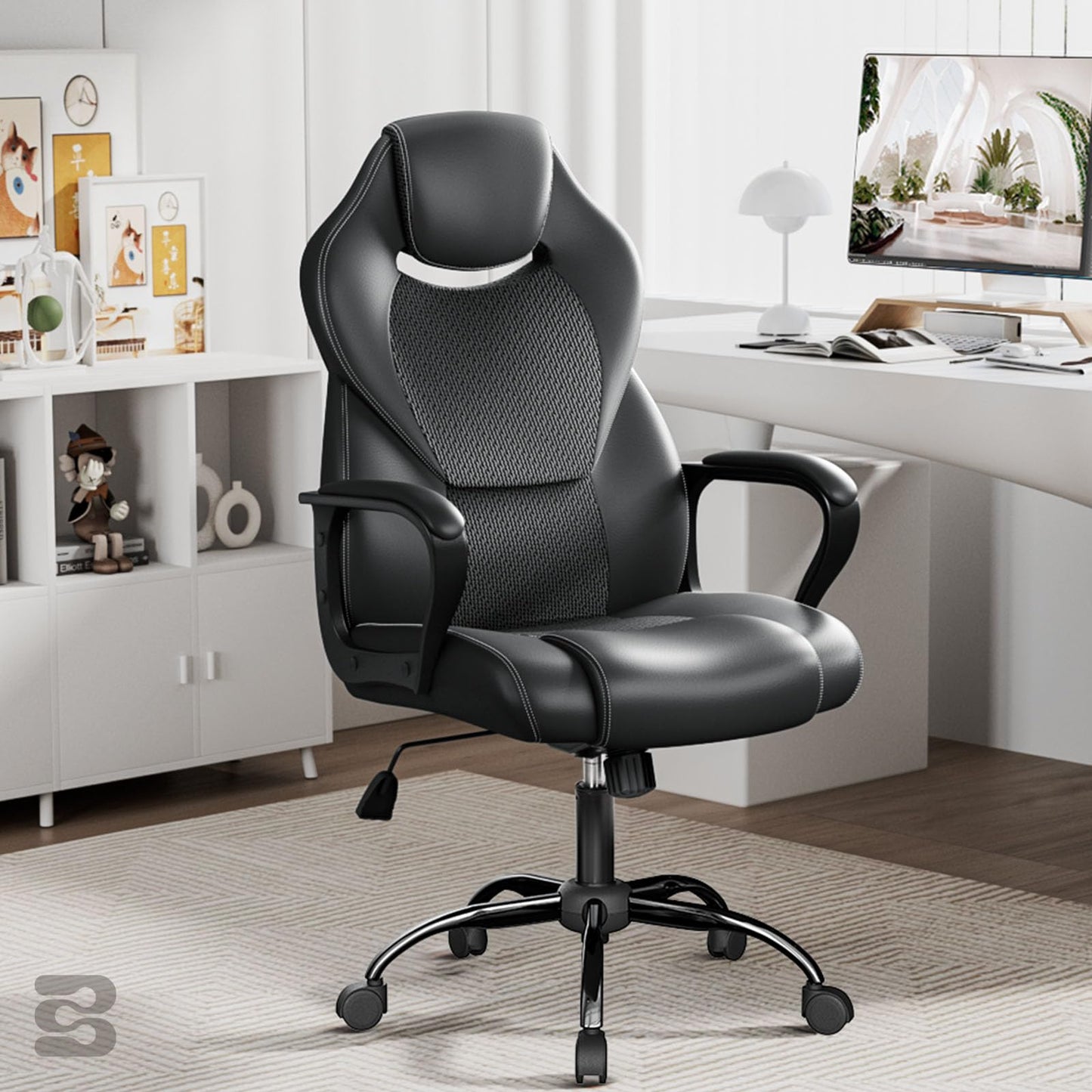 BASETBL Bürostuhl Chefsessel 150kg Schreibtischstuhl, Bürosessel Office Chair Gaming Stuhl, Bürostühle ergonomisch PU Leder, PC Stuhl Drehstuhl Hat weiche gepolsterte Armlehnen, Wippfunktion, schwarz