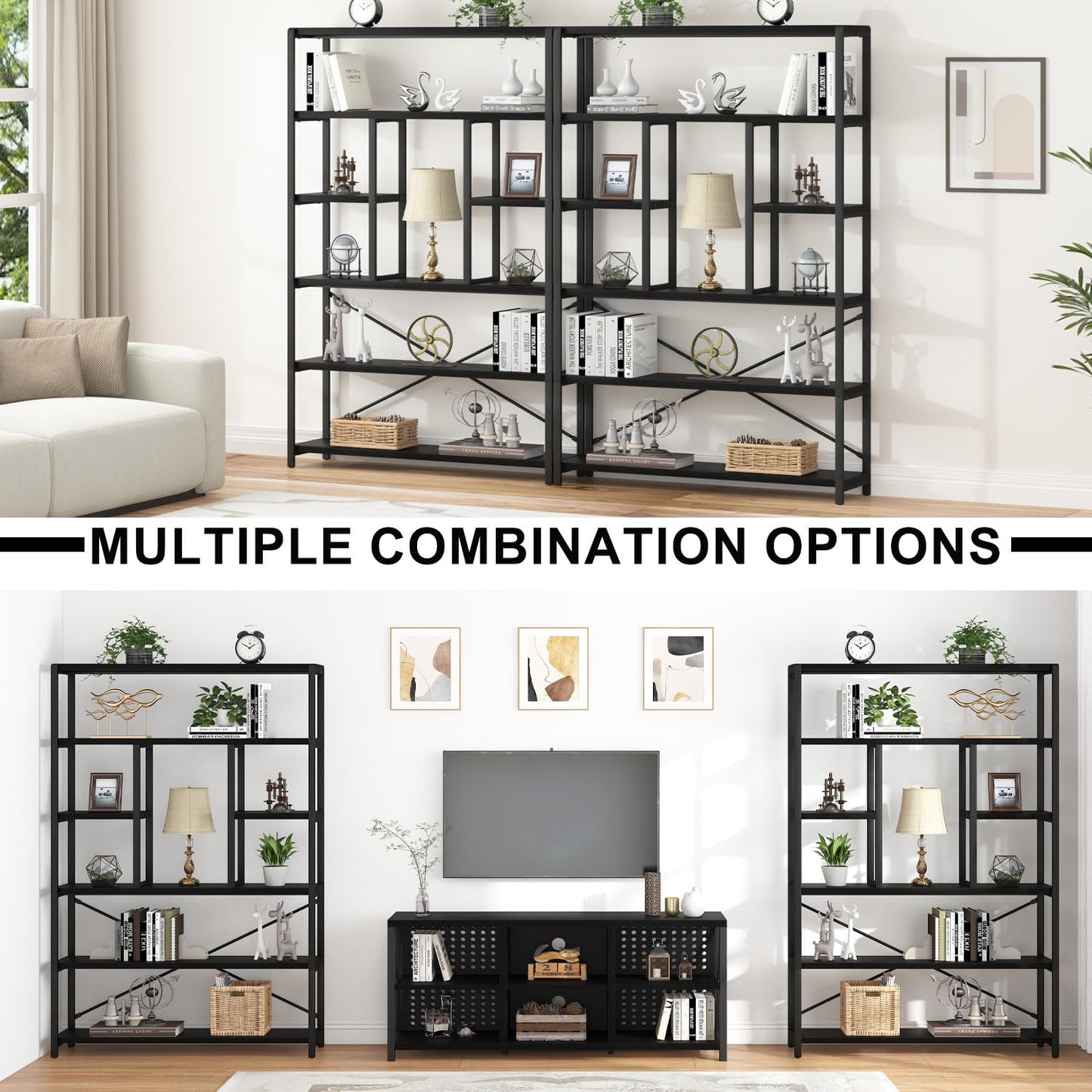LVB Bücherregale mit 6 Ebenen Regale Wohnzimmer Standregal Industrie Bücherregale für Wohnzimmer Arbeitszimmer Küche 120 x 30 x 180 cm Regal Vintagebraun Schwar
